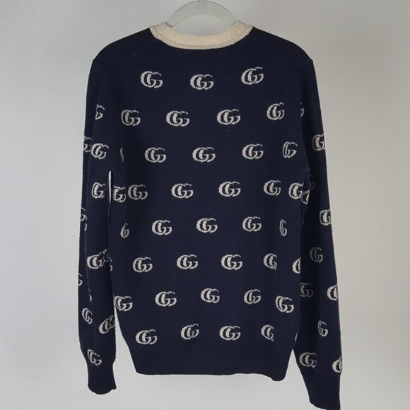 Gucci Navy GG Logo Crew Neck Wool Pullover Sweater Size M - Picture 2 of 4